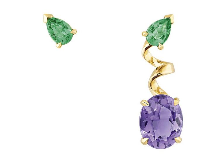 The asymmetric amethyst and emerald earrings from Dior’s new Diorama Precieuse capsule collection tap into the trend for mismatched jewels.